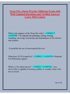 Preview of Texas Fire Alarm Practice Midterm Exam with  Well Updated Questions and Verified Answers