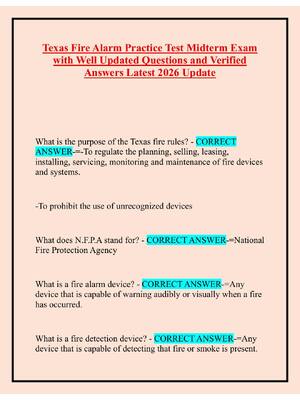 Preview of Texas Fire Alarm Practice Test Midterm Exam  with Well Updated Questions and Verified  Ans