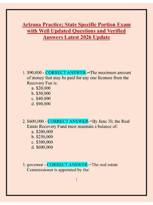 Preview of Arizona Practice; State Specific Portion Exam  with Well Updated Questions and Verified  A
