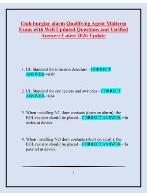 Preview of Utah burglar alarm Qualifying Agent Midterm Exam with Well Updated Questions and Verified