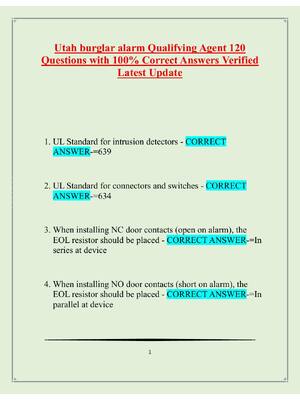 Preview of Utah burglar alarm Qualifying Agent 120 Questions with 100