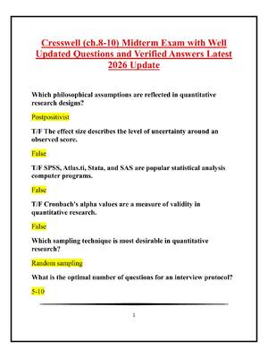 Preview of Cresswell (ch.8-10) Midterm Exam with Well  Updated Questions and Verified Answers Latest