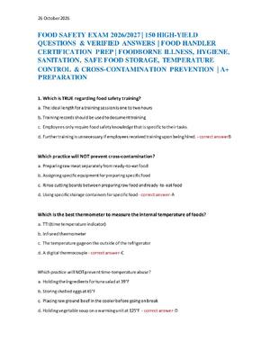 Preview of FOOD SAFETY EXAM 2026/2027 | 150 HIGH-YIELD  QUESTIONS & VERIFIED ANSWERS | FOOD HANDLER