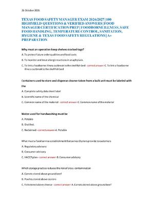 Preview of TEXAS FOOD SAFETY MANAGER EXAM 2026/2027 | 100 HIGHYIELD QUESTIONS & VERIFIED ANSWERS | FO