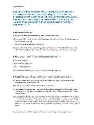 Preview of BACKFLOW PREVENTION FINAL EXAM 2026/2027 | 130 HIGH- YIELD QUESTIONS & VERIFIED ANSWERS |