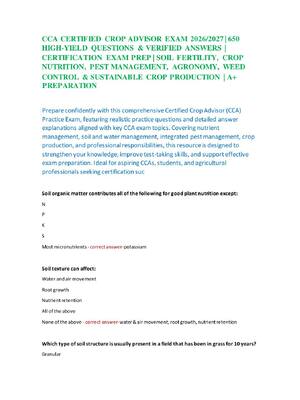 Preview of CCA CERTIFIED CROP ADVISOR EXAM 2026/2027 | 650  HIGH-YIELD QUESTIONS & VERIFIED ANSWERS |