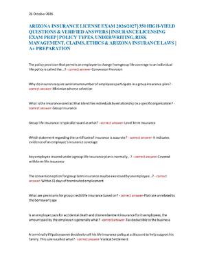 Preview of ARIZONA INSURANCE LICENSE EXAM 2026/2027 | 350 HIGH-YIELD  QUESTIONS & VERIFIED ANSWERS |