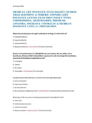 Preview of MICHIGAN LIFE INSURANCE EXAM 2026/2027 | 200 HIGH- YIELD QUESTIONS & VERIFIED ANSWERS | LI