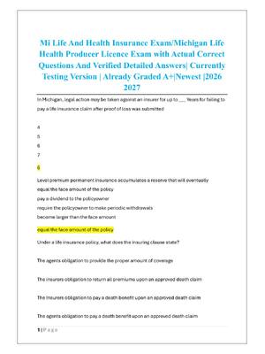 Preview of Mi Life And Health Insurance Exam/Michigan Life  Health Producer Licence Exam