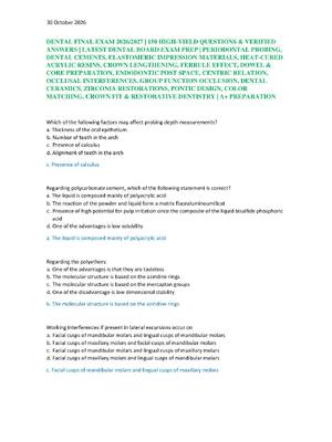 Preview of DENTAL FINAL EXAM 2026/2027 | 150 HIGH-YIELD QUESTIONS & VERIFIED  ANSWERS | LATEST DENTAL