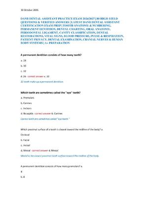 Preview of DANB DENTAL ASSISTANT PRACTICE EXAM 2026/2027 | 80 HIGH-YIELD  QUESTIONS & VERIFIED ANSWER