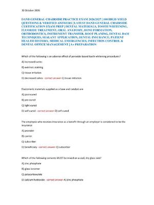 Preview of DANB GENERAL CHAIRSIDE PRACTICE EXAM 2026/2027 | 100 HIGH-YIELD  QUESTIONS & VERIFIED ANSW