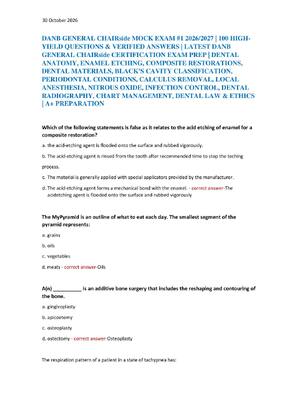 Preview of DANB GENERAL CHAIRside MOCK EXAM #1 2026/2027 | 100 HIGH- YIELD QUESTIONS & VERIFIED ANSWE