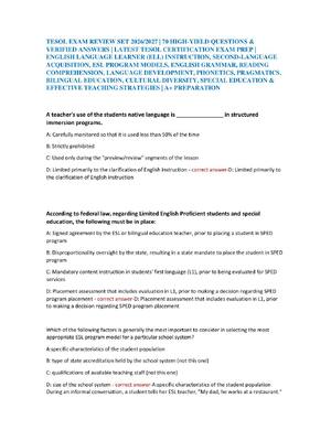 Preview of TESOL EXAM REVIEW SET 2026/2027 | 70 HIGH-YIELD QUESTIONS &  VERIFIED ANSWERS | LATEST TES