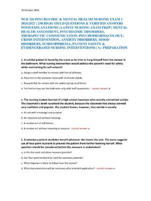 Preview of NUR 326 PSYCHIATRIC & MENTAL HEALTH NURSING EXAM 1  2026/2027 | 250 HIGH-YIELD QUESTIONS &
