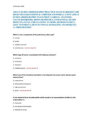 Preview of ADULT ECHOCARDIOGRAPHY PRACTICE EXAM #2 2026/2027 | 100  HIGH-YIELD QUESTIONS & VERIFIED A