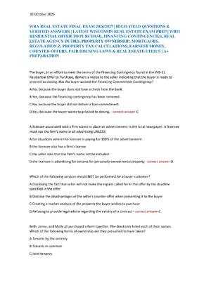 Preview of WRA REAL ESTATE FINAL EXAM 2026/2027 | HIGH-YIELD QUESTIONS &  VERIFIED ANSWERS | LATEST W