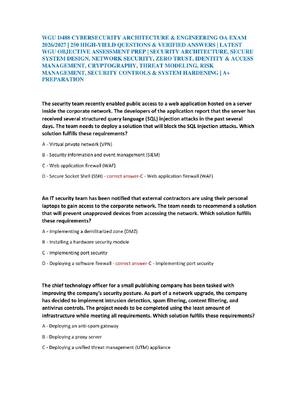 Preview of WGU D488 CYBERSECURITY ARCHITECTURE & ENGINEERING OA EXAM  2026/2027 | 250 HIGH-YIELD QUES