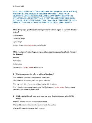 Preview of WGU C175 / D426 DATA MANAGEMENT FOUNDATIONS OA EXAM 2026/2027 |  70 HIGH-YIELD QUESTIONS &