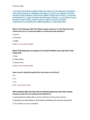 Preview of ACE GROUP FITNESS INSTRUCTOR (GFI) FINAL EXAM 2026/2027 | 180 HIGH- YIELD QUESTIONS & VERI