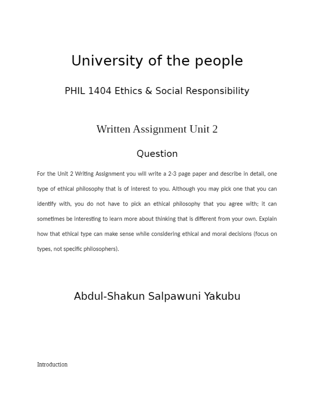University of the People - PHIL 1404Written Assignment Unit 2 preview image