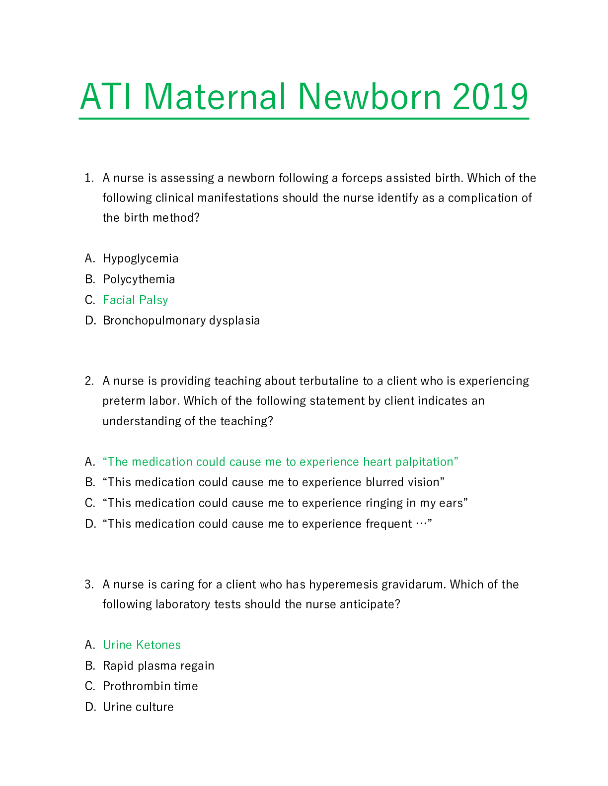 ATI MATERNAL NEWBORN PROCTORED EXAM 2019 (REVISED VERSION) preview image