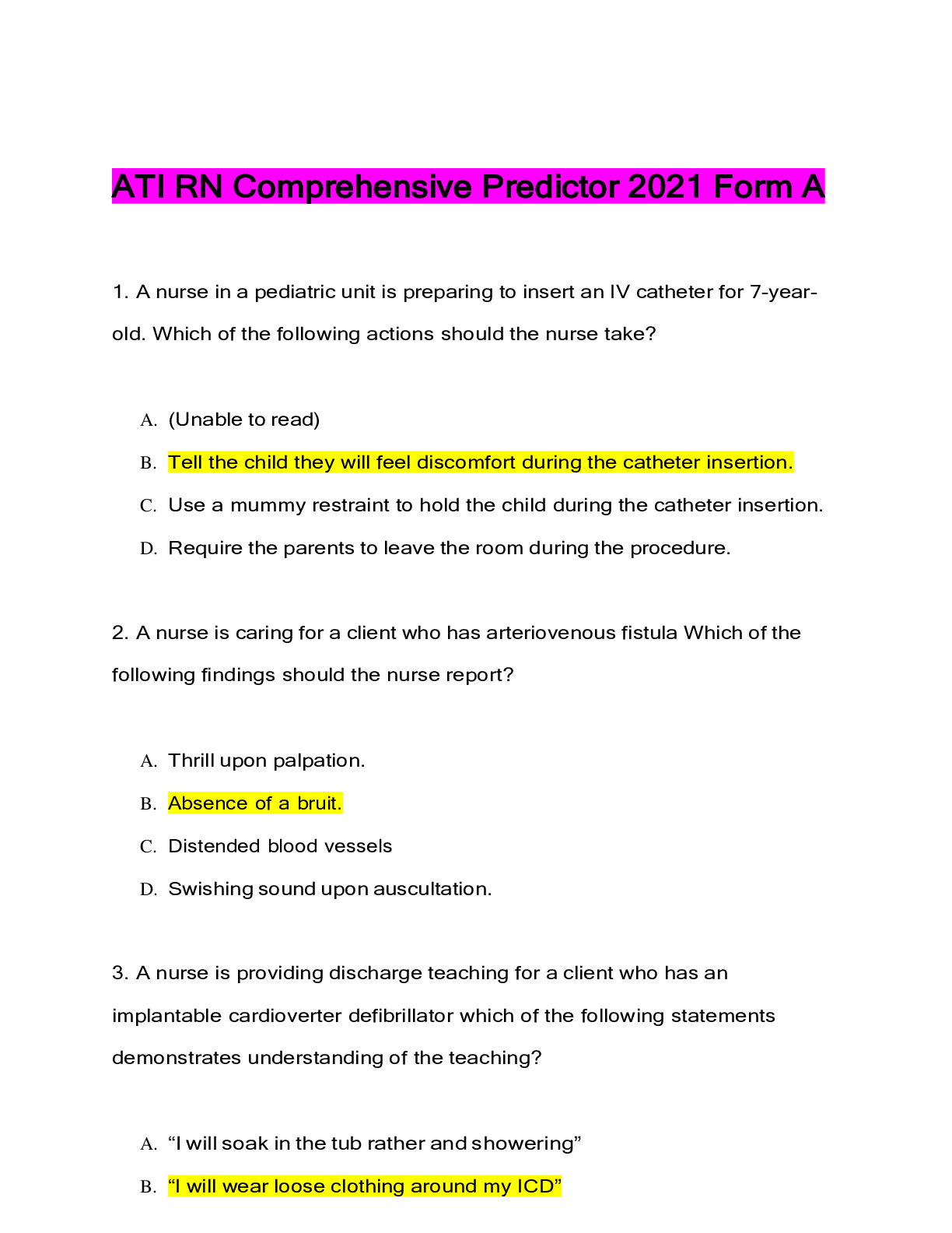 ATI RN Comprehensive Predictor 2021 Form A, Form B, Form C and EXIT FINAL EXAM, Latest Questions and Answers with Explanations, All Correct Study Guide, Download to Score A.png