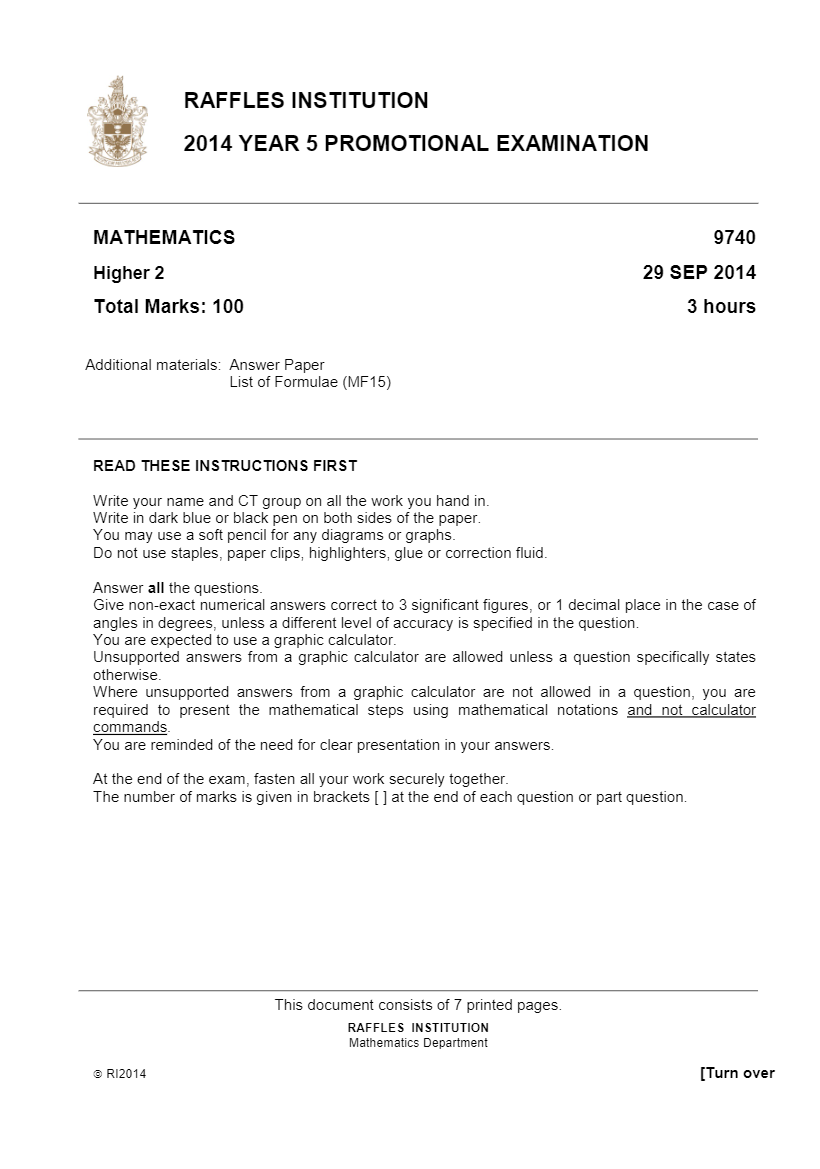 RAFFLES INSTITUTION 2014 YEAR 5 PROMOTIONAL EXAMINATION ( With Mark Scheme) preview image