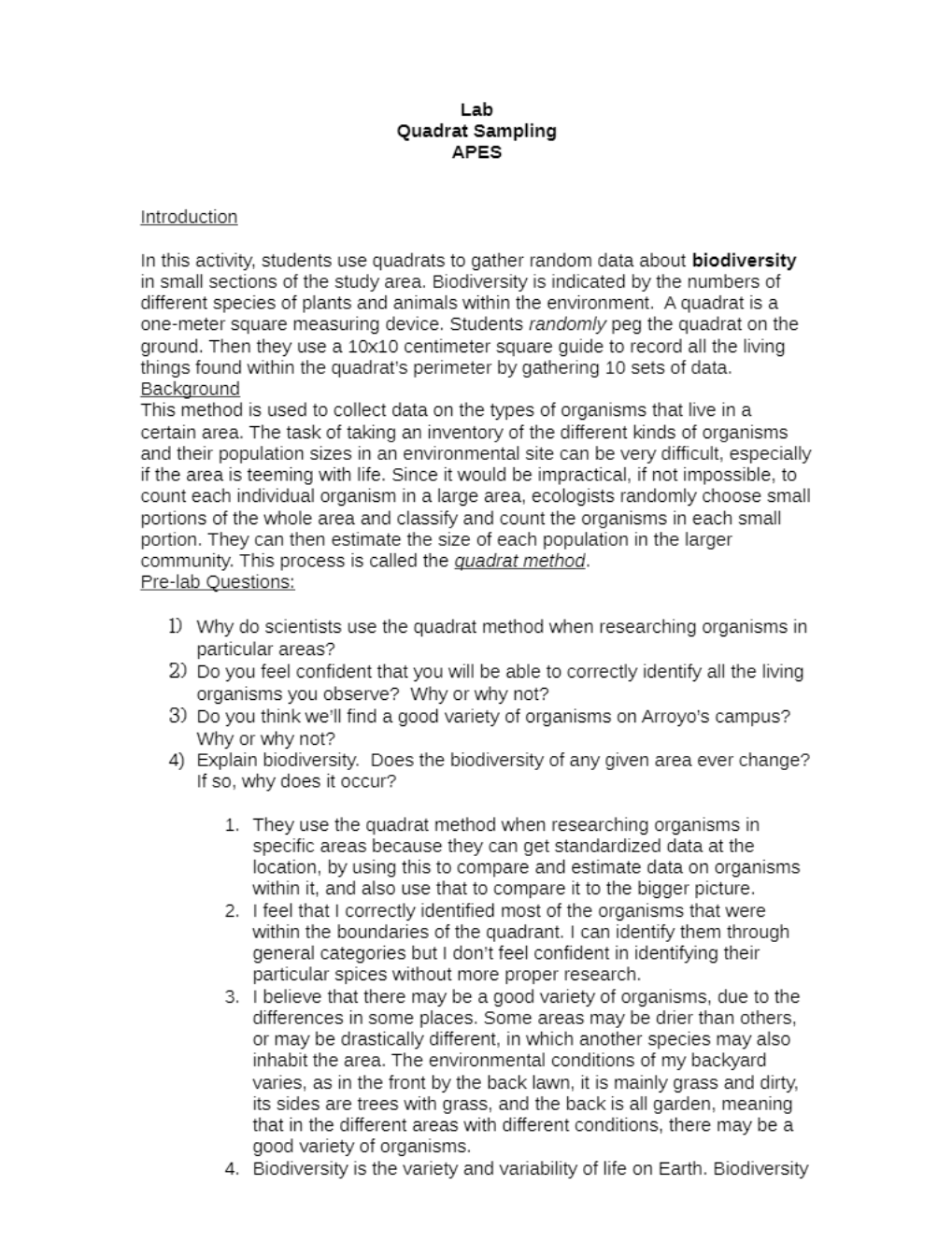 SCIENCE 101 Quadrat Sampling Lab.