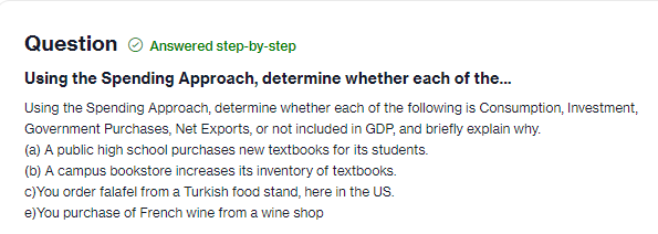 Cardiff University  ECON  ECON 101  Using the Spending Approach, determine whether each of the following is Consumption,... preview image