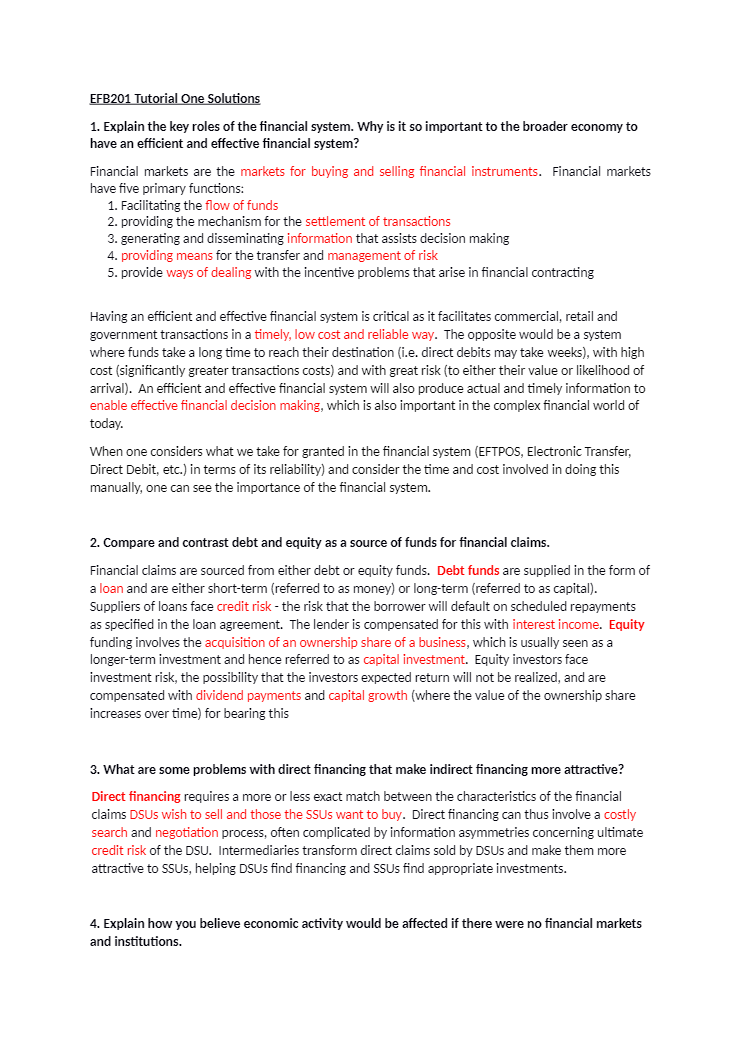 Queensland University of Technology    EFB    EFB 201Answer 1 tute 1 - EFB201 Tutorial One preview image