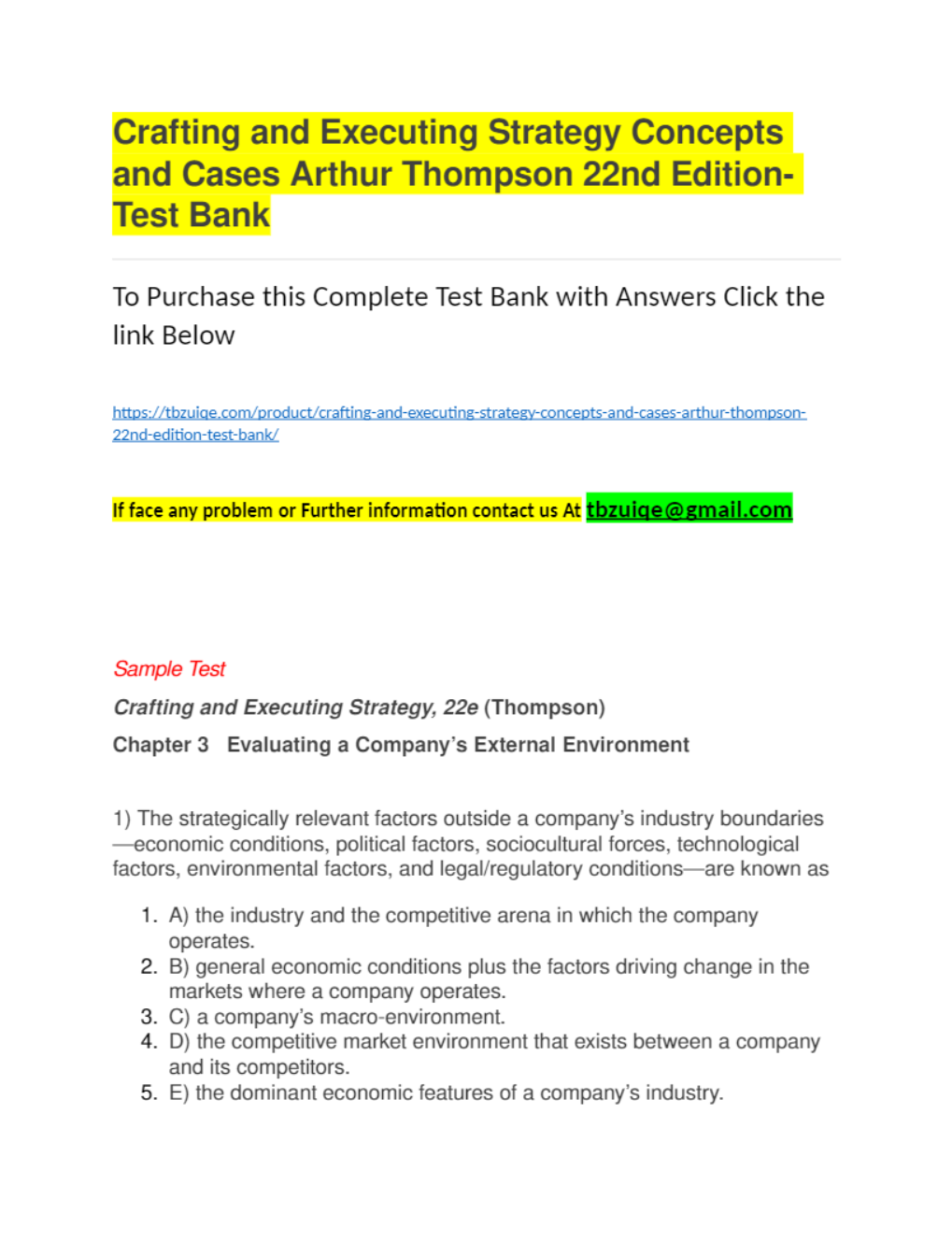 Strayer UniversityTEST BANK 13Crafting and Executing Strategy Concepts and Cases Arthur Thompson 22nd Edition- Test Bank preview image