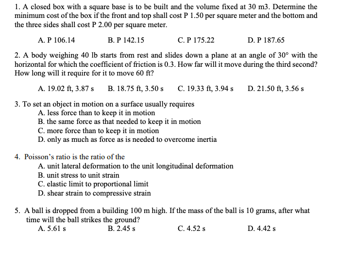 Engineering & Technology Civil Engineering 1. A closed box with a