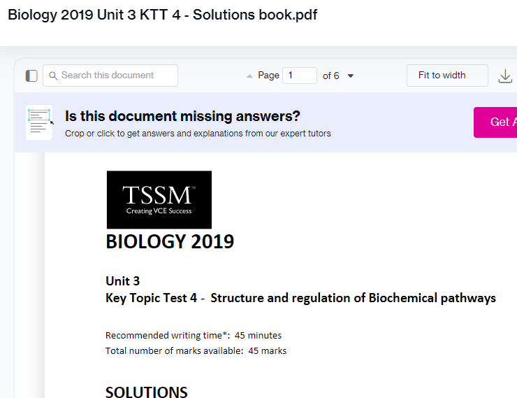 BIOLOGY 2019 Unit 3 Key Topic Test 4 – Structure and regulation of Biochemical pathways-SOLUTIONS preview image