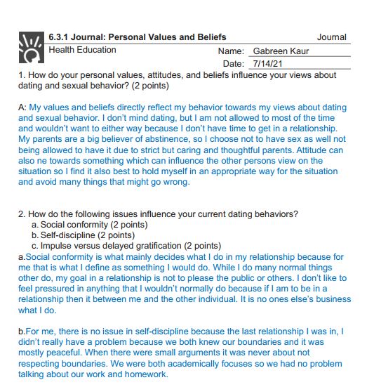 HEALTH SCIENCE 11 6.3.1 Journal - Personal Values and Beliefs (Journal)