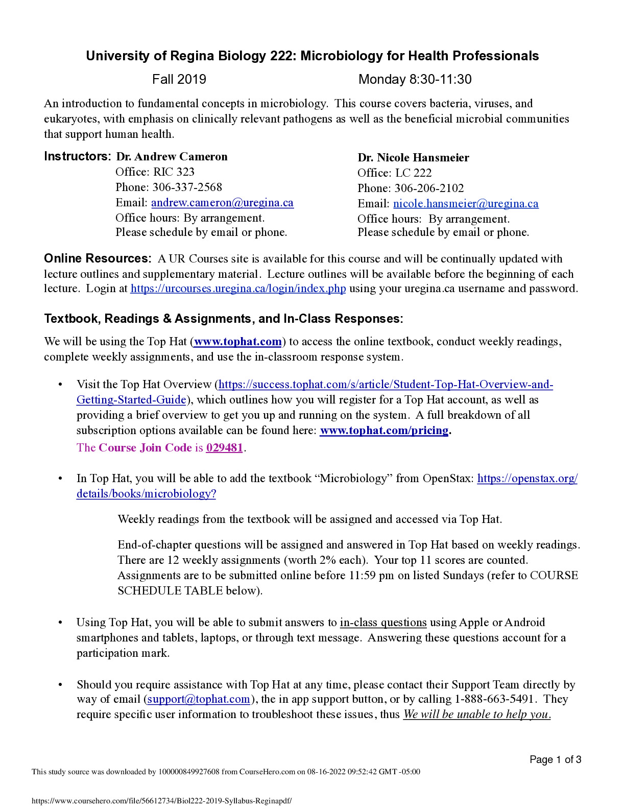 University of Regina Biology 222 Microbiology for Health Professionals