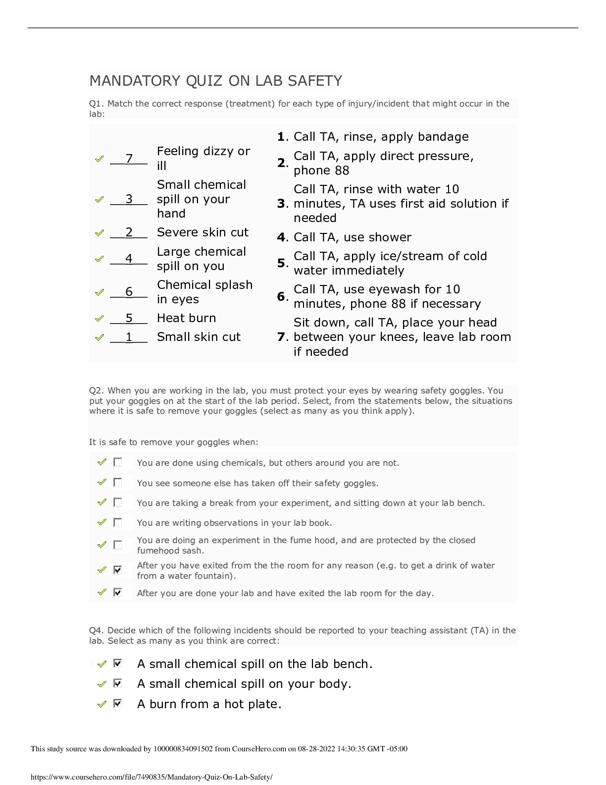 Mandatory Quiz On Lab Safety McMaster University CHEM 1E03