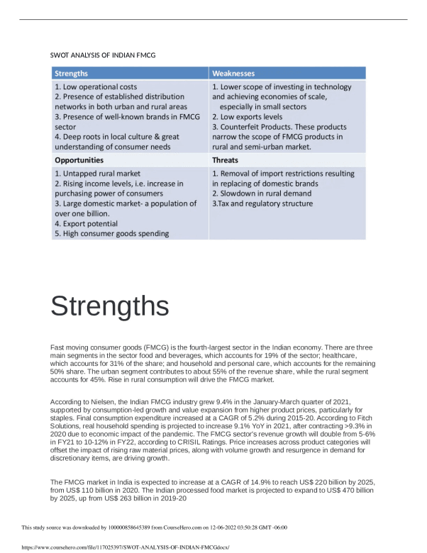 SWOT ANALYSIS OF INDIAN FMCG. Amity University FINANCE AN BFIA
