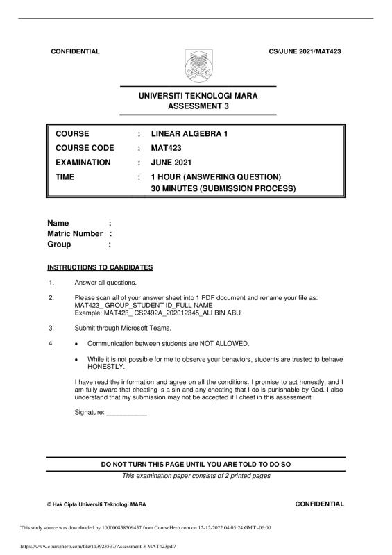 Assessment 3 MAT423. Universiti Teknologi Mara MAT 423