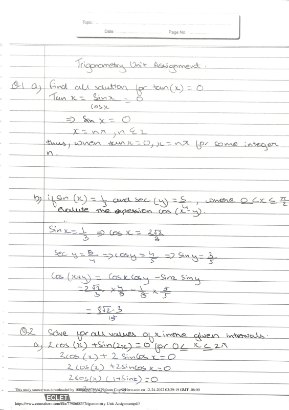 Virtual Highh School MHF 4U Trigonometry Unit Assignment