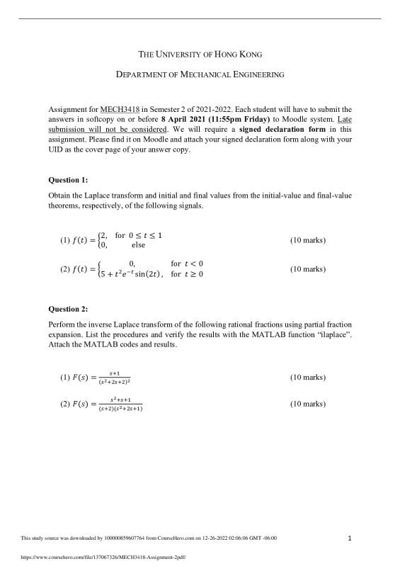 MECH3418 Assignment 2.  The University of Hong Kong MECH 3418 preview image