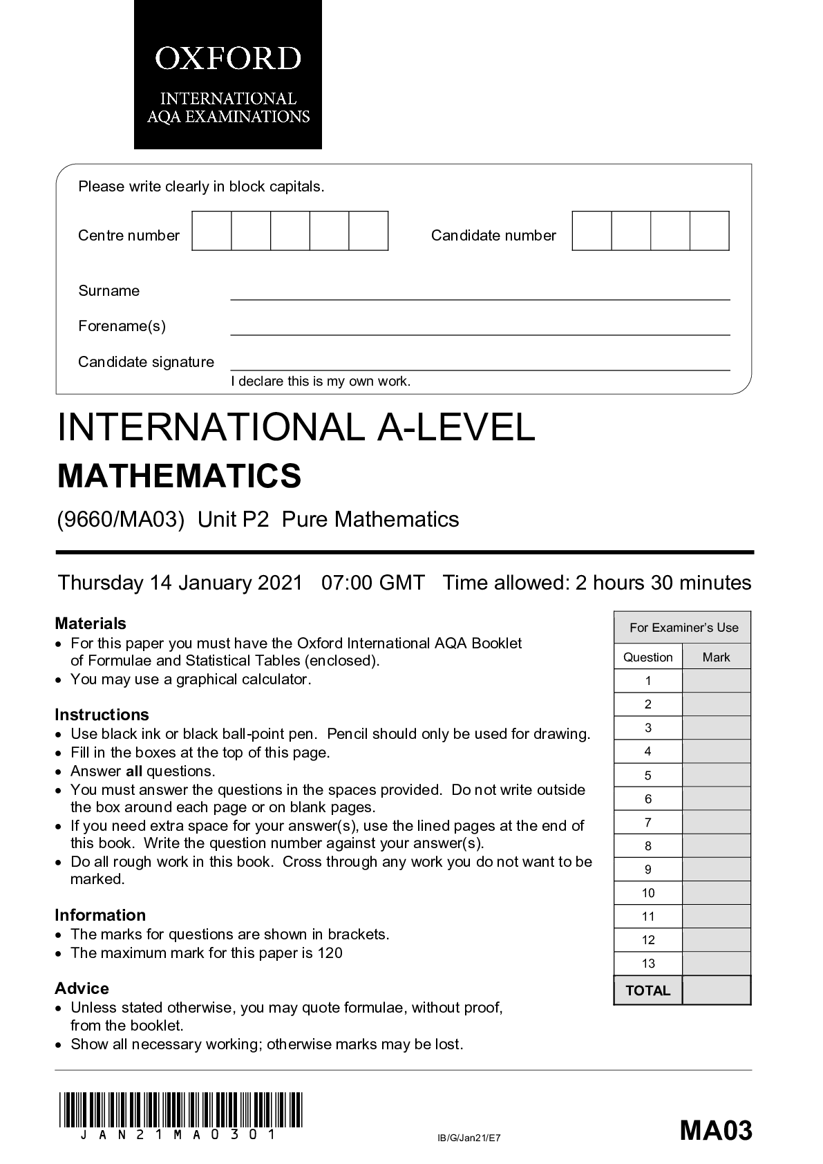Oxford AQA INTERNATIONAL A-LEVEL MATHEMATICS (9660/MA03) Unit P2 Pure ...