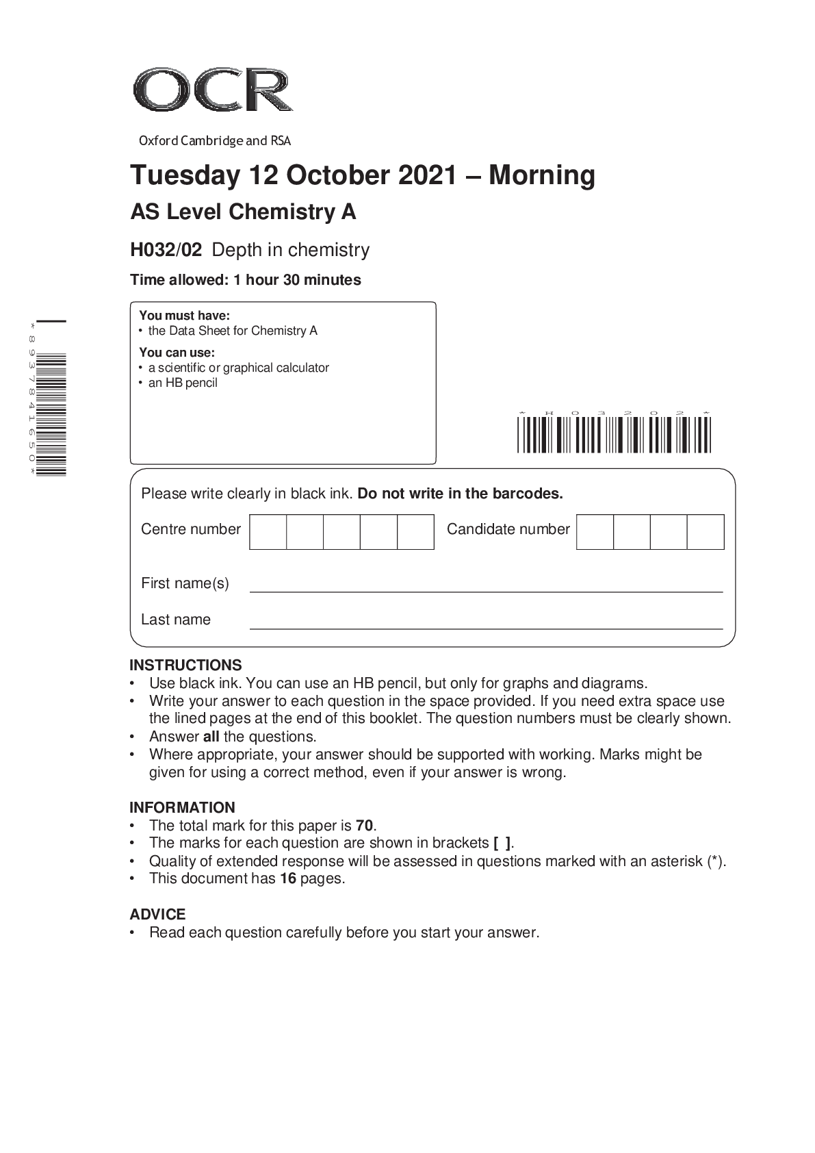 > Interchange AS Level Chemistry A H032/02 Depth in chemistry Qp October 2021 preview image