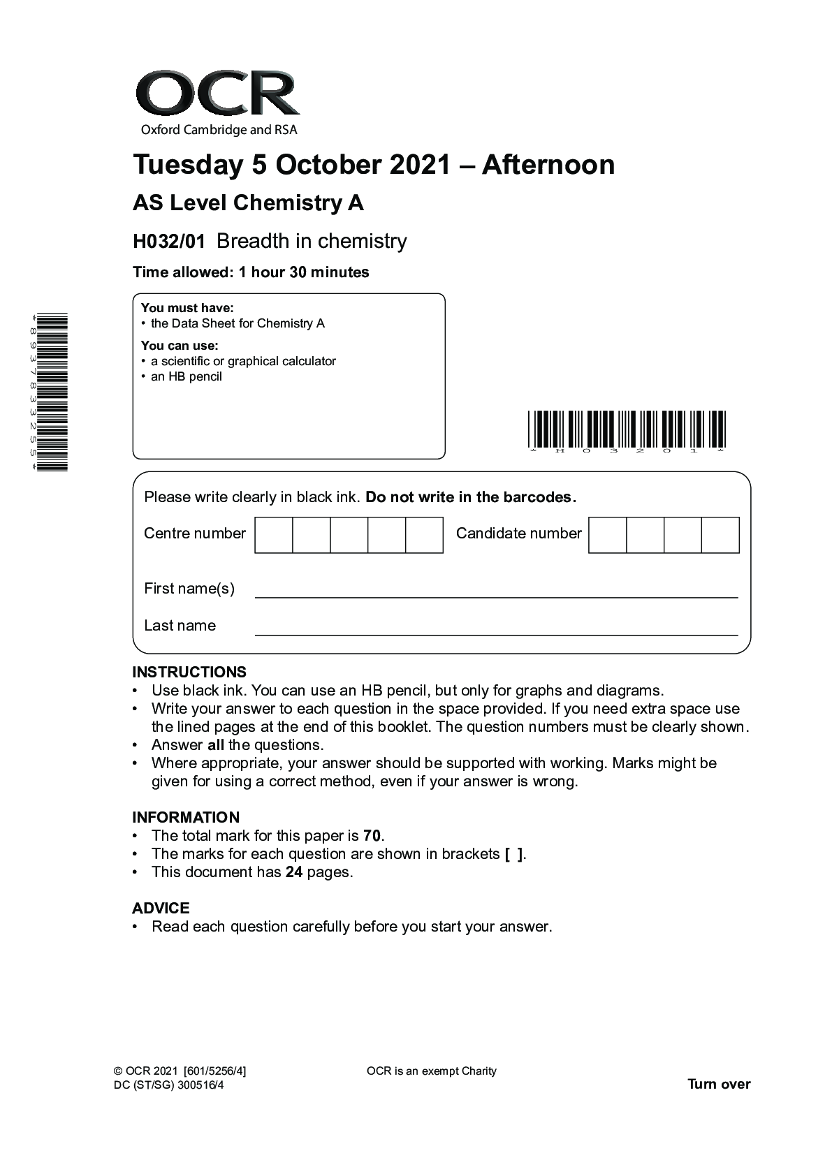 > AS Level Chemistry A H032/01 Breadth in chemistry Question Paper 2021 preview image