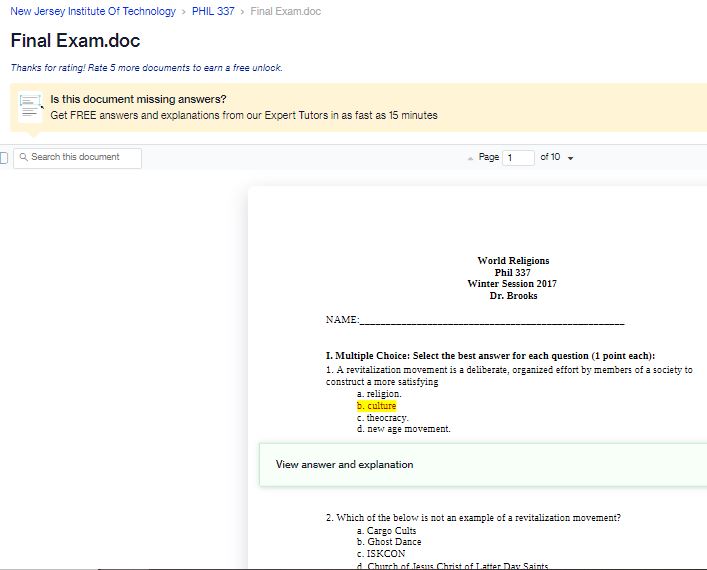 New Jersey Institute Of Technology PHIL 337 World Religions; Final Exam. 60 Q&A preview image