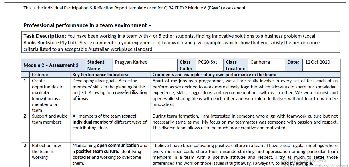 This is the Individual Participation & Reflection Report template used ...