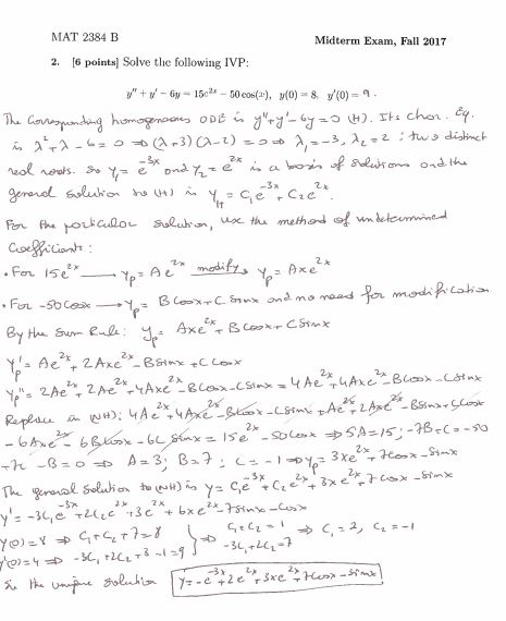 MAT 2384 B-Ordinary Differential Equations and Numerical Methods Midterm Exam. Worked Solutions document preview page 2
