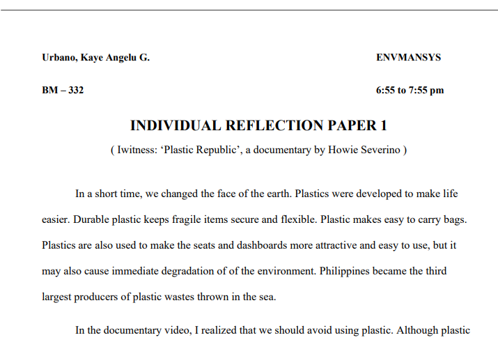 INDIVIDUAL REFLECTION PAPER 1 ( Iwitness ‘Plastic Republic’, a