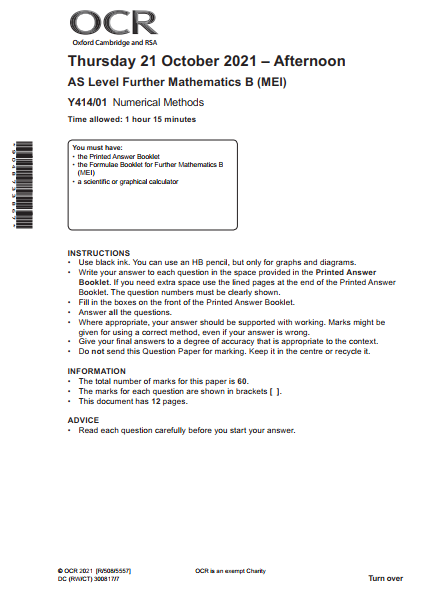 OCR_AS Level Further Mathematics B_Y414/01 Question Paper Oct 2021 | Numerical Methods preview image