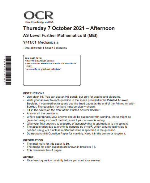OCR_AS Level Further Mathematics B_Y411/01 Question Paper Oct 2021 | Mechanics A preview image